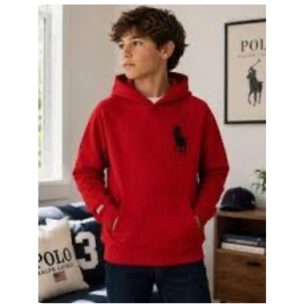 Polo Ralph Lauren Boys M 10-12 Red Cotton Knit Hoodie Navy Big Pony Plaid Hood